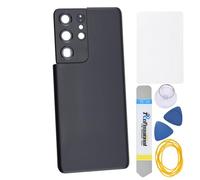 Phantom - Pieza de reparación trasera de cristal acrílico negro para Samsung Galaxy S21 Ultra 5G SM-G998B con marco de cámara trasera, lente de vidrio precortada, adhesivo y kits de herramientas