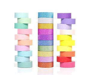 Phantomon - Rollo de cinta adhesiva Washi (15 mm, 15 mm, para enmascarar y decoración de múltiples usos, colores con purpurina para niños, costura, scrapbooking, periódico