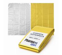PHARM SPORT Manta térmica de emergencia 160 x 220 cm, lona isotérmica dorada/plateada para supervivencia, primeros auxilios y exteriores - Retiene el calor y protege del sol y el frío (160 x 220 cm