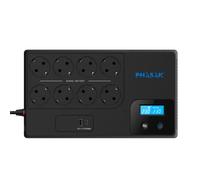 PHASAK - SAI interactivo 1050 VA con AVR y 8 tomas Schuko para oficina y hogar, carga USB-A/C frontal, protección inteligente contra picos y microcortes