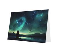 PHAYAH 10 hojas de tarjetas navideñas con diseño de gato observador de estrellas, sobre azul, adecuadas como tarjetas de invitación de aniversario de boda y fiesta