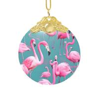 Phayah Adorno de árbol de Navidad con forma redonda de cristal con diseño de una bandada de flamencos, hebilla de metal dorado para la familia, Año Nuevo, hogar, recuerdos, reuniones