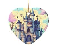 Phayah Adorno de cerámica con diseño de castillo de cuento de hadas para Navidad, día festivo, forma de corazón, porcelana para colgar en el árbol de Navidad