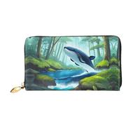 PHAYAH Billetera de piel con diseño de ballena nadando en el bosque para mujer, tarjetero, cartera larga para mujer