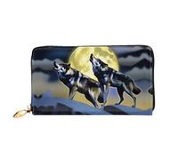 PHAYAH Billetera de piel con diseño de dos lobos silbando en la luna para mujer, cartera de cuero para tarjetas de crédito, cartera larga para mujer