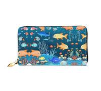 PHAYAH Blue Underwater World Of Fish - Cartera larga con cremallera para mujer, de piel, gran capacidad, tarjetero