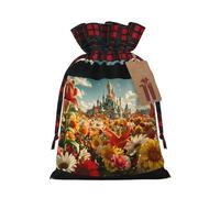 PHAYAH Bolsa de regalo de arpillera con cordón para Navidad, diseño de flores de castillo, bolsa de almacenamiento adecuada para Navidad, fiesta de cumpleaños