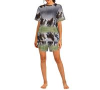 PHAYAH Conjunto de pijama con estampado de caballos corriendo para mujer, conjunto de 2 piezas, ropa de dormir suave, pijama corto casual de verano con bolsillos, Negro, L