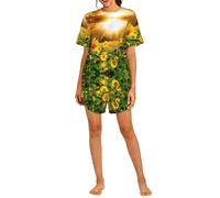 PHAYAH Conjunto de pijama con estampado de girasoles bajo las nubes para mujer, conjunto de 2 piezas, ropa de dormir suave, pijama corto casual de verano con bolsillos, Negro, L