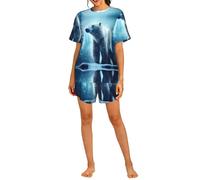 PHAYAH Conjunto de pijama con estampado de oso de nieve para mujer, conjunto de 2 piezas, ropa de dormir suave, pijama corto casual de verano con bolsillos, Negro, L