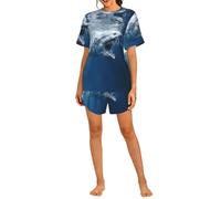 PHAYAH Conjunto de pijama con estampado de tiburón oceánico para mujer, conjunto de 2 piezas, ropa de dormir suave, pijama corto casual de verano con bolsillos, Negro, L