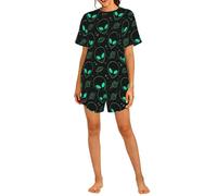 PHAYAH Conjunto de pijama de 2 piezas con estampado de alienígenas para mujer, ropa de dormir suave para verano, casual, pijama corto con bolsillos, Negro, L