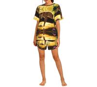 PHAYAH Conjunto de pijama de 2 piezas con estampado de animales y tigre para mujer, ropa de dormir suave para verano, casual, pijama corto con bolsillos, Negro, L