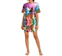 PHAYAH Conjunto de pijama de 2 piezas con estampado de helado para mujer, ropa de dormir suave, pijama corto casual de verano con bolsillos, Negro, L