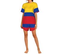 PHAYAH Conjunto de pijama de 2 piezas con estampado de la bandera de Colombia para mujer, ropa de dormir suave para verano, casual, pijama corto con bolsillos, Negro, L