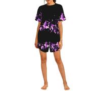 PHAYAH Conjunto de pijama de 2 piezas con estampado de mariposa púrpura para mujer, ropa de dormir suave, pijama corto casual de verano con bolsillos, Negro, L