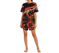PHAYAH Conjunto de pijama de 2 piezas con estampado de rana de árbol naranja para mujer, ropa de dormir suave, pijama corto casual de verano con bolsillos, Negro, L