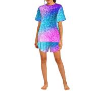 PHAYAH Conjunto de pijama de 2 piezas con lentejuelas y purpurina para mujer, conjunto de ropa de dormir suave, pijama corto casual de verano con bolsillos, Negro, L