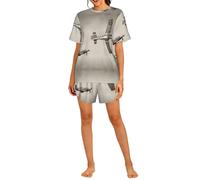 PHAYAH Conjunto de pijama de 2 piezas con patrón de avión de la Segunda Guerra Mundial para mujer, ropa de dormir suave, pijama corto casual de verano con bolsillos, Negro, L