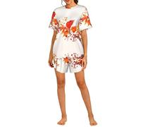 PHAYAH Conjunto de pijama de 2 piezas con patrón de bayas y hojas rojas para mujer, conjunto de ropa de dormir suave para verano, casual, pijama corto con bolsillos, Negro, L