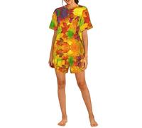 PHAYAH Conjunto de pijama de 2 piezas con patrón de hojas de arce para mujer, ropa de dormir suave, pijama corto casual de verano con bolsillos, Negro, L