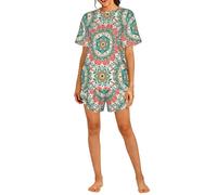PHAYAH Conjunto de pijama vintage con estampado de flores de mandala para mujer, conjunto de 2 piezas, ropa de dormir suave, pijama corto casual de verano con bolsillos, Negro, L