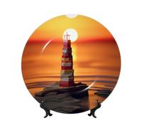 PHAYAH Plato decorativo de cerámica con diseño de faro de papel de porcelana china con soporte vertical para decoración del hogar y la oficina, 10 pulgadas