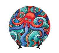 PHAYAH Plato decorativo de porcelana china de hueso con patrón mutante de pulpo, platos de cerámica con soporte vertical para decoración del hogar y la oficina, 7 pulgadas