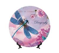 PHAYAH Plato decorativo de porcelana con diseño de flor rosa y libélula azul, duradero, suave y perfecto para el hogar, la oficina y la cafetería
