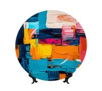 PHAYAH Plato decorativo de porcelana de hueso con patrón de bloques de color, platos decorativos de 6 pulgadas con soporte de exhibición, platos redondos para decoración del hogar y la oficina