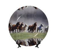 PHAYAH Platos decorativos de porcelana china con soporte, diseño de caballos corriendo, placa redonda para cocina, comedor, gabinete de vino, decoración del hogar, 7 pulgadas