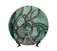 PHAYAH Platos decorativos de porcelana china con soporte, diseño de pulpo verde, placa redonda para cocina, comedor, gabinete de vino, decoración del hogar, 8 pulgadas