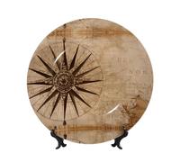 PHAYAH Platos decorativos de porcelana de hueso con soporte, brújula, mapa, patrón náutico, placa redonda para cocina, comedor, gabinete de vino, decoración del hogar, 10 pulgadas