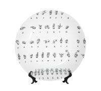 PHAYAH Platos decorativos de porcelana de hueso con soporte, diseño de alfabeto y lenguaje de señas, placa redonda para cocina, comedor, gabinete de vino, decoración del hogar, 7 pulgadas
