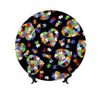 PHAYAH Platos decorativos de porcelana de hueso con soporte, piezas de rompecabezas de concienciación sobre el autismo, diseño de corazón, placa redonda para cocina, comedor, gabinete de vino