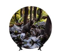 PHAYAH Platos decorativos de porcelana de hueso con soporte y pequeños osos negros, placa redonda de exhibición para cocina, comedor, gabinete de vino, decoración del hogar, 6 pulgadas