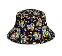 PHAYAH Rompecabezas de concienciación sobre el autismo, diseño de corazón, sombrero de pescador, sombrero de pescador UV, ala ancha reflectante, para pesca, senderismo, playa, color negro