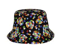 PHAYAH Rompecabezas de concienciación sobre el autismo, diseño de corazones, sombrero de pescador, sombrero de sol, sombrero de pescador, ala ancha, para pesca, senderismo, playa, color negro