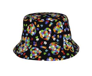 PHAYAH Rompecabezas de concienciación sobre el autismo, diseño de corazones, sombrero de pescador, sombrero de sol, sombrero de pescador, ala ancha, para pesca, senderismo, playa, color negro