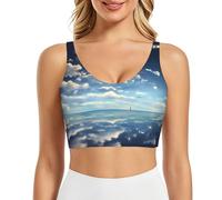 PHAYAH Sujetadores deportivos con estampado de nubes blancas sobre el mar para mujer, chaleco de yoga, almohadillas extraíbles para ejercicio, fitness, pilates, danza, Negro, L