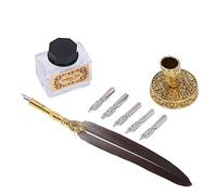 Phefop Juego de Pluma Estilográfica, Pluma de Caligrafía Hecha a Mano con Puntas de Acero Inoxidable, 5 Puntas y Soporte para Bolígrafo, Juego de Escritura Vintage para Artistas, Profesores, (BROWN)