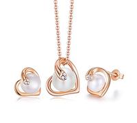PHENIOTACE Conjunto de Joyas Mujer de Corazón de Perlas de Agua Dulce Collar y Pendientes, Cristal de Swarovski, Oro Rosa, Regalo para Ella 01868