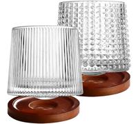 PHENOFICE Copas de Whisky Giratorias con Posavasos, Juego de 2 Vasos de Cristal Transparente con Diseño de Diamante y Base, Vasos para Cóctel, Licor y Fiesta en Casa y Restaurante