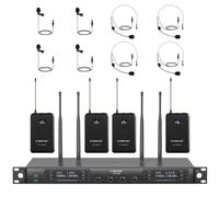 Phenyx Pro Sistema de micrófono inalámbrico con 4 Bodypacks y auriculares / micrófonos de solapa, 4x40 Quad Canales, Auto Scan, 328ft Cobertura para cantar, DJ, Iglesia (PTU-7000B)