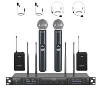 Phenyx Pro Sistema de Micrófono Inalámbrico de 4 Canales con Micrófonos de Mano/Bodypack/Diadema/Solapa, 4x40 Canales, Escaneo Automático, Larga Distancia 328ft, Ideal para Karaoke (PTU-7000-2H2B)