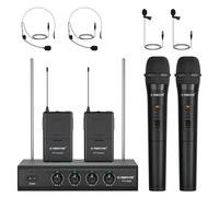 Phenyx Pro Wireless Microphone System, 4-Channel VHF Wireless Microphone Set with 2 Handhelds/2 Bodypacks/2 Lapels/ 2 Headset, Metal Receiver, Ideal for Church, Meeting, Conference(PTV-2000B)