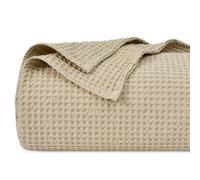 PHF Manta de gofre 100 % algodón, 220x240 cm, prelavada, suave, ligera, transpirable, para todas las estaciones, capa de manta perfecta para sofá, cama, tamaño queen, caqui