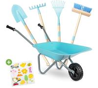 PHIBER-SPORTS Carretilla infantil + herramienta de jardín metálica para niños: pala, escoba, rastrillo y rastrillo de hojas + pegatinas