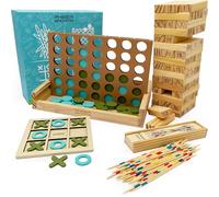 PHIBER-SPORTS Juegos de Madera 4-en-1: Cuatro en Línea, Tres en Raya, Mikado & Torre de Madera - Colección Juegos Clásicos - Regalo Niños & Adultos - Duradero, Ecológico & Sin Plástico