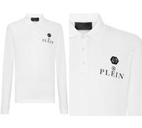 PHILIPP PLEIN Camisa Polo De Cuero Con Parche Hexagonal Skull Logo, Blanca, S